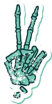 iconic distressed sticker tattoo style image of a skeleton giving a peace sign vector
