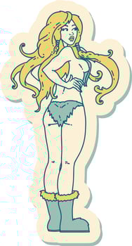 sticker of tattoo in traditional style of a pinup viking girl vector