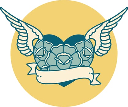 iconic tattoo style image of a flying heart with flowers and banner vector