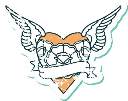 iconic distressed sticker tattoo style image of heart with wings flowers and banner vector