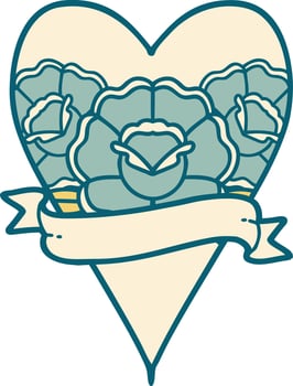 iconic tattoo style image of a heart and banner with flowers vector