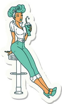 sticker of tattoo in traditional style of a pinup girl drinking a milkshake vector