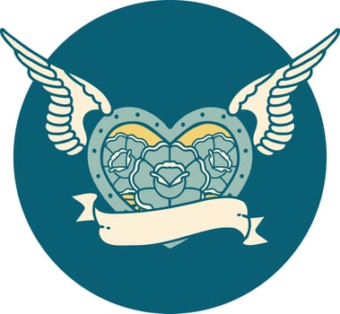 tattoo style icon of a flying heart with flowers and banner vector