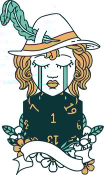 crying human bard with natural 1 D20 roll illustration vector