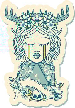 crying elf druid character face with natural one D20 dice roll illustration vector