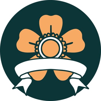 tattoo style icon with banner of a flower vector