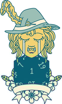 Retro Tattoo Style crying orc bard character with natural one D20 roll vector