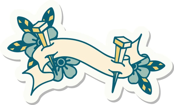 tattoo style sticker with banner of iron nail vector