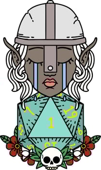 Retro Tattoo Style sad elf fighter character with natural one d20 roll vector