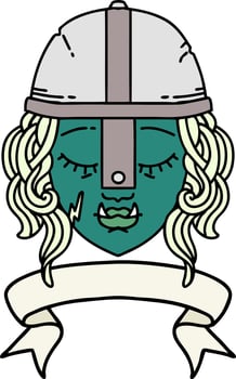 Retro Tattoo Style orc fighter character face with banner vector