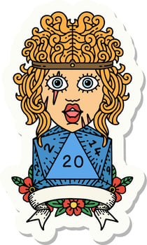 sticker of a human barbarian with natural twenty dice roll vector