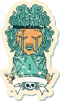 Retro Tattoo Style crying orc barbarian character with natural one D20 roll vector