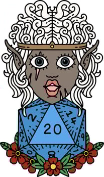 Retro Tattoo Style elf barbarian character with natural twenty dice roll vector