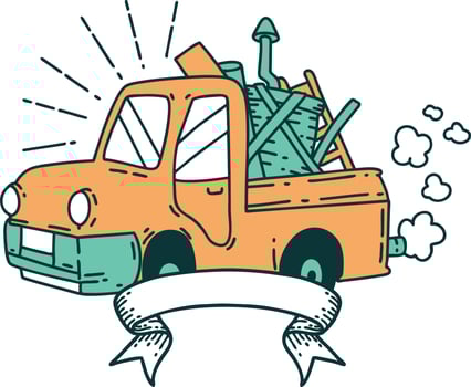 scroll banner with tattoo style truck carrying junk vector