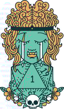 Retro Tattoo Style sad orc barbarian character face with natural one d20 roll vector