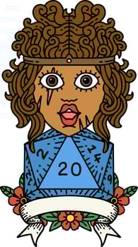 Retro Tattoo Style human barbarian with natural twenty dice roll vector