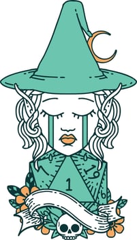 Retro Tattoo Style crying elf mage character face with natural one D20 roll vector