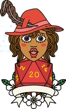 Retro Tattoo Style human bard character with natural 20 dice roll vector