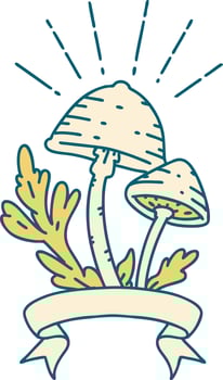 scroll banner with tattoo style mushrooms vector