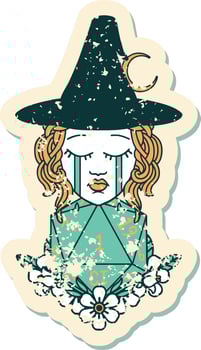 grunge sticker of a crying human witch with natural one D20 dice roll vector