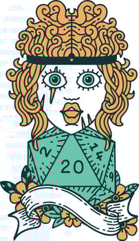 Retro Tattoo Style human barbarian with natural twenty dice roll vector