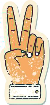 grunge sticker of a peace symbol two finger hand gesture vector
