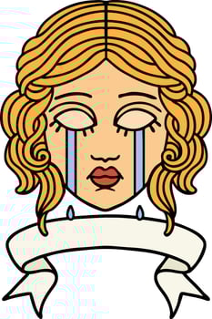 traditional tattoo with banner of female face crying vector