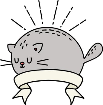 scroll banner with tattoo style happy cat vector