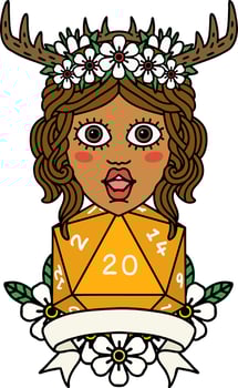 Retro Tattoo Style human druid with natural 20 dice roll vector