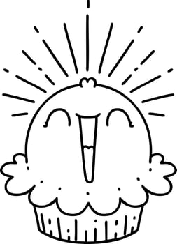 illustration of a traditional black line work tattoo style happy singing cupcake vector