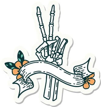 tattoo style sticker with banner of a skeleton giving a peace sign vector