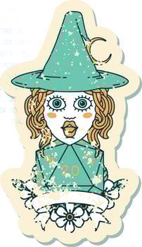 Retro Tattoo Style human witch with natural twenty dice roll vector