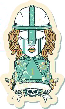 Retro Tattoo Style crying human fighter with natural one D20 dice vector
