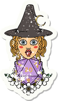 grunge sticker of a human witch with natural twenty dice roll vector