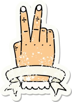 Retro Tattoo Style victory v hand gesture with banner vector
