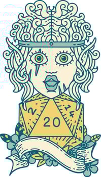 Retro Tattoo Style elf barbarian character with natural twenty dice roll vector