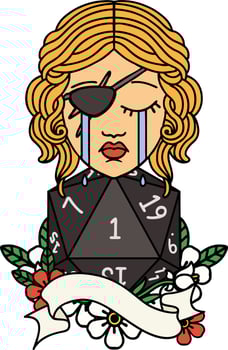 Retro Tattoo Style crying human rogue with natural one D20 roll vector