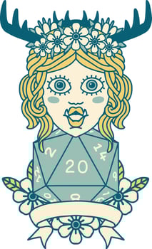Retro Tattoo Style orc druid character with natural twenty dice roll vector