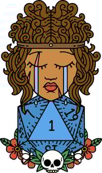 Retro Tattoo Style crying human barbarian with natural one D20 roll vector