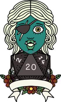 Retro Tattoo Style half orc rogue character with natural twenty dice roll vector