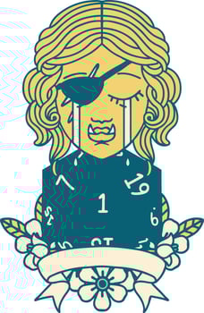 Retro Tattoo Style crying orc rogue character with natural one roll vector