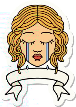 tattoo style sticker with banner of female face crying vector