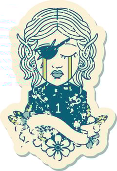 Retro Tattoo Style crying elf rogue character face with natural one D20 roll vector