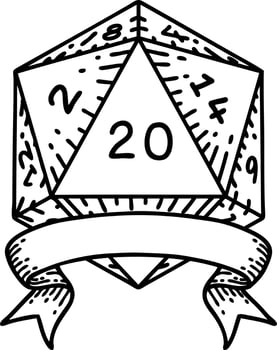 Black and White Tattoo linework Style natural 20 critical hit D20 dice roll vector
