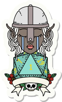 sticker of a crying elf fighter character face with natural one D20 roll vector