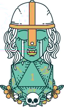 Retro Tattoo Style crying orc fighter character with natural one D20 roll vector