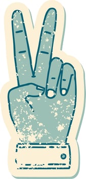 grunge sticker of a peace symbol two finger hand gesture vector