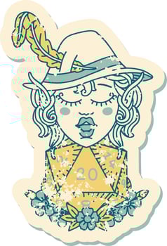 Retro Tattoo Style elf bard character with natural twenty dice roll vector