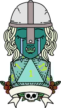 Retro Tattoo Style crying orc fighter character with natural one D20 roll vector