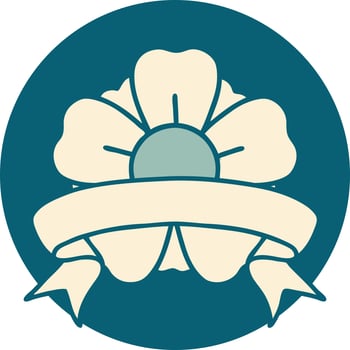 tattoo style icon with banner of a flower vector
